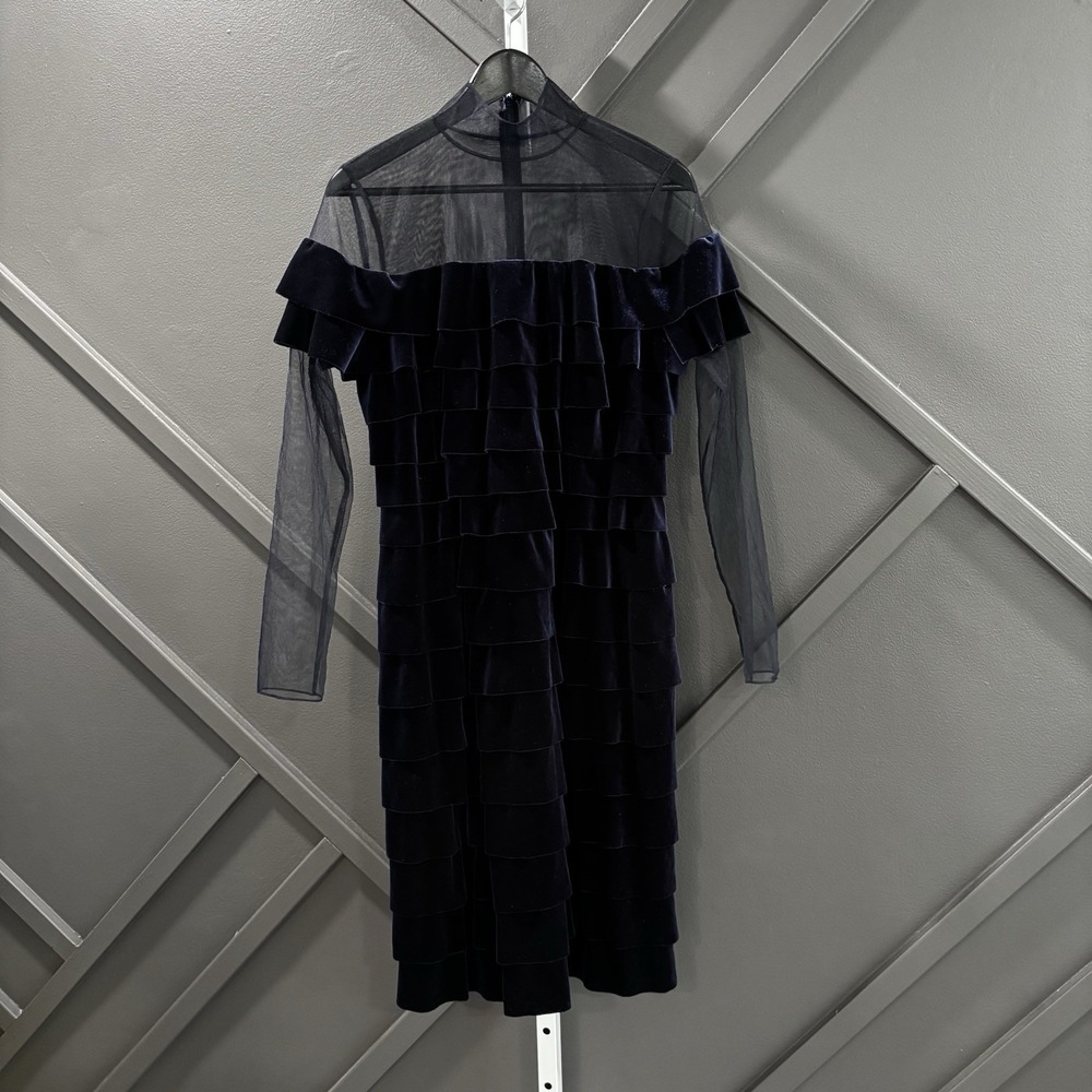 Mikael Aghal Navy Velvet Tiered Ruffle Sheer Mesh Long Sleeve Dress Size 8